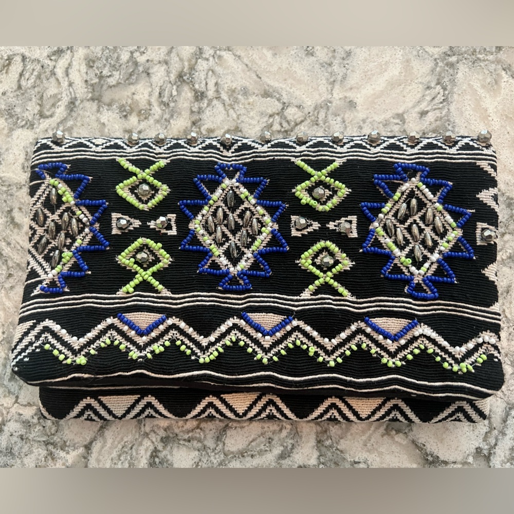 Hand-Beaded Black Aztec Clutch with Blue & Lime Accents